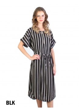 Vertical Strip Print Dress W/ Belt & Zipper